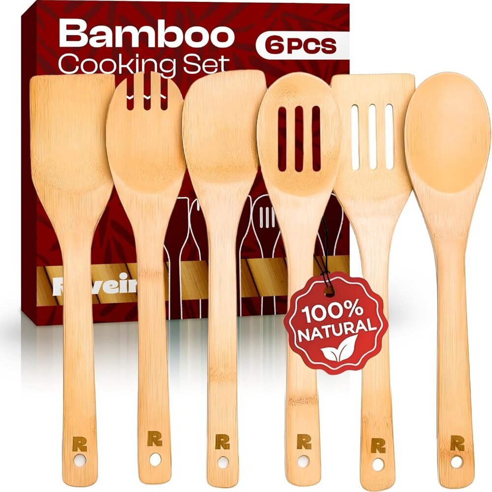 Bamboo Cooking Spoons 6-Piece – Wooden Cooking Utensils Set with Wooden Spoons f